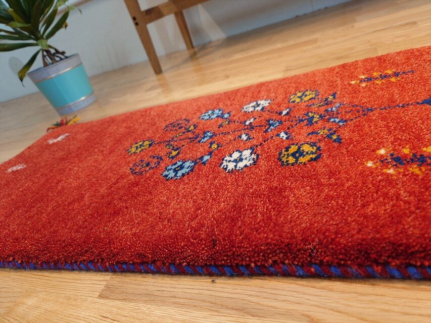 ペルシャ ギャッベ ミニランナー ラグ 116x40cm 茜色 花 ヤギ 羊