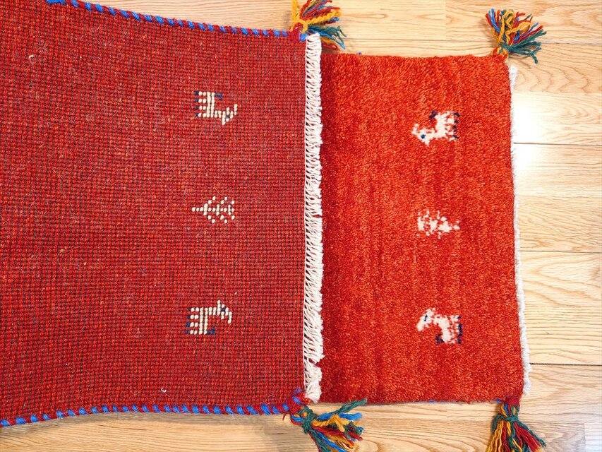 ペルシャ ギャッベ ミニランナー ラグ 116x40cm 茜色 花 ヤギ 羊