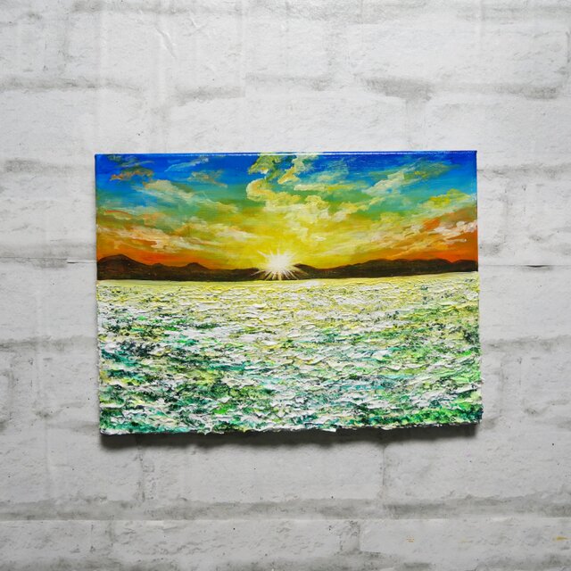 油絵 【草原に咲く白い花と朝日】