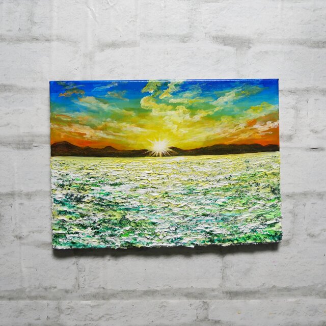 風景　草原　油画　絵画　油彩　立体キャンバス　原画　オリジナル 油絵 【草原に咲く白い花と朝日】 | iichi 日々の暮らしを心地よくする