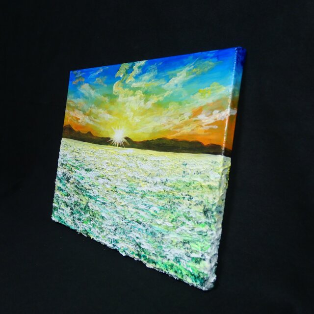 油絵 【草原に咲く白い花と朝日】 | iichi 日々の暮らしを心地よくする