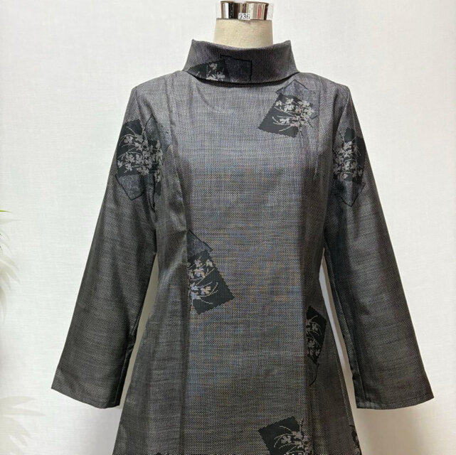 着物リメイク 大島紬花柄ワンピース ロング ロールカラー ゆったり L