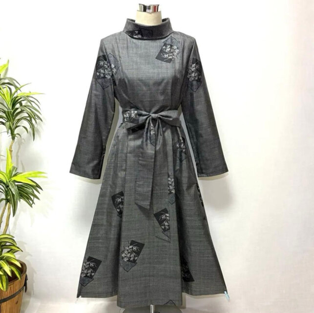 着物リメイク 大島紬花柄ワンピース ロング ロールカラー ゆったり L