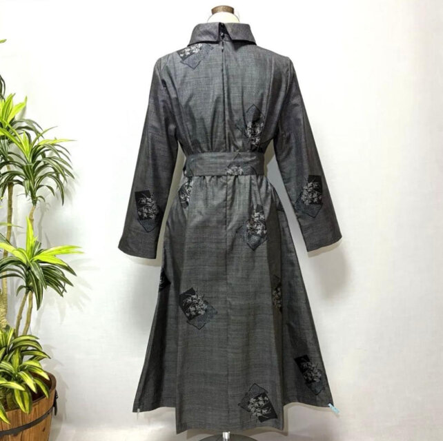 着物リメイク 大島紬花柄ワンピース ロング ロールカラー ゆったり L