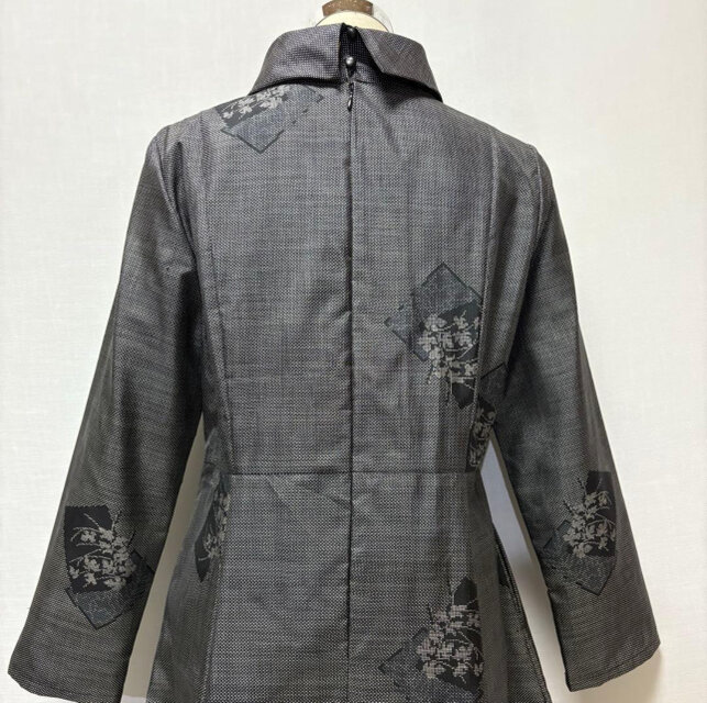 着物リメイク 大島紬花柄ワンピース ロング ロールカラー ゆったり L