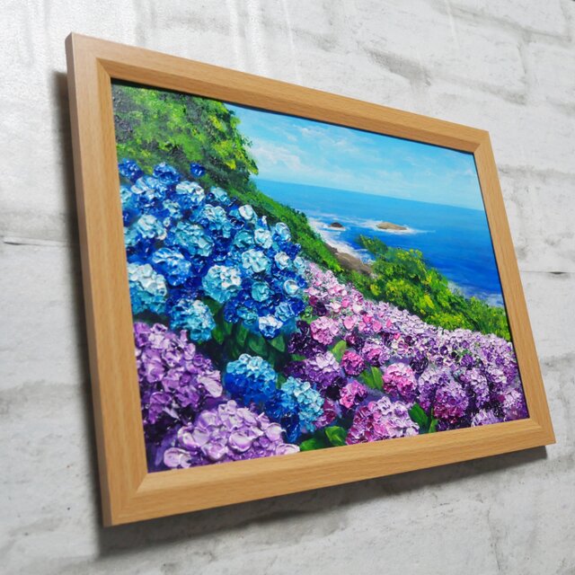 油絵 油彩 油彩画 絵画 絵【海と空と桃源郷岬の紫陽花】 油絵【海と空と桃源郷岬の紫陽花】 | iichi 日々の暮らしを心地よく