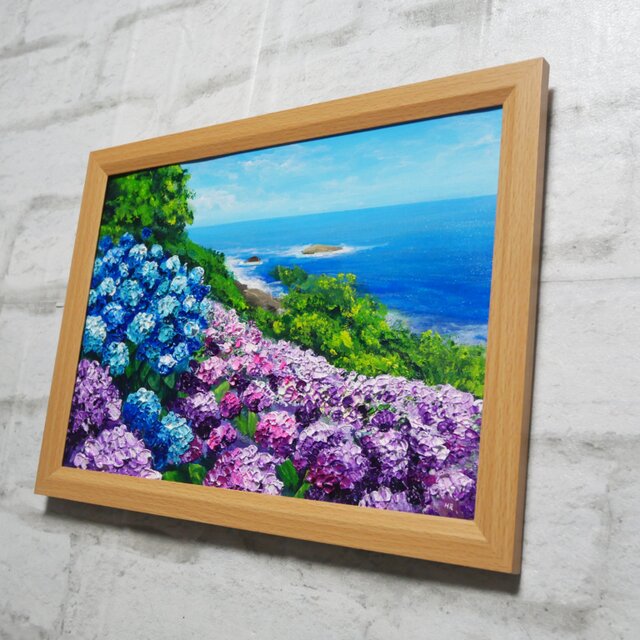 油絵 油彩 油彩画 絵画 絵【海と空と桃源郷岬の紫陽花】 油絵【海と空と桃源郷岬の紫陽花】 | iichi 日々の暮らしを心地よく
