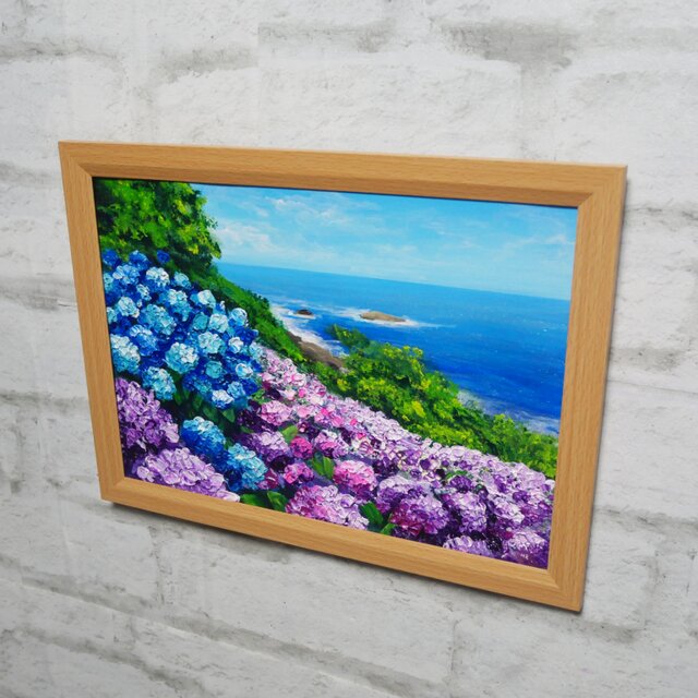 油絵【海と空と桃源郷岬の紫陽花】 | iichi 日々の暮らしを心地よく