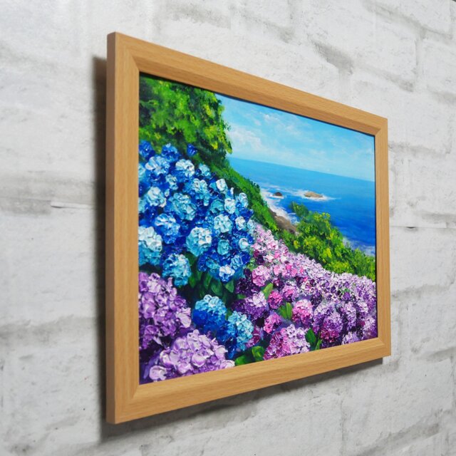 油絵【海と空と桃源郷岬の紫陽花】 | iichi 日々の暮らしを心地よく