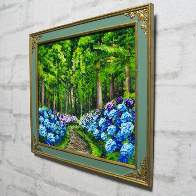 油絵【梅雨の紫陽花の道】 | iichi 日々の暮らしを心地よくする
