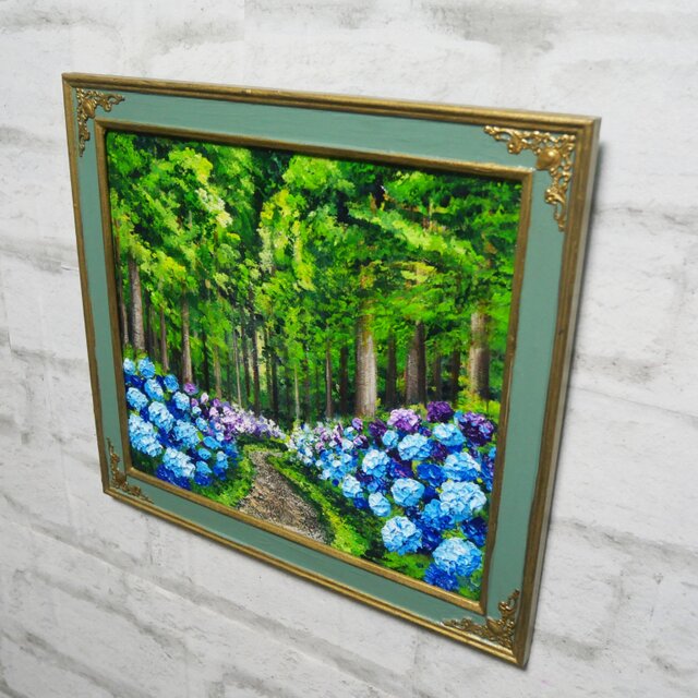 油絵【梅雨の紫陽花の道】 | iichi 日々の暮らしを心地よくする