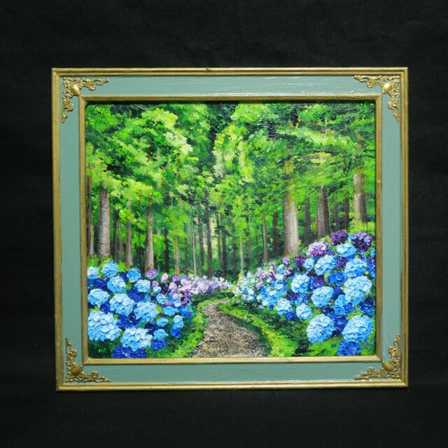 油絵 絵画【あじさいの道】 油絵【梅雨の紫陽花の道】 | iichi 日々の暮らしを心地よくする