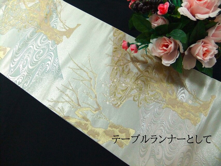 16)2404】190cm/流水梅木文様/タペストリー・テーブルランナー/和風/帯