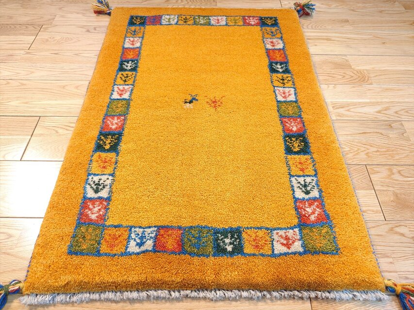 ペルシャ ギャッベ 玄関マット ラグ 88x62cm 黄金色 色とりどりの