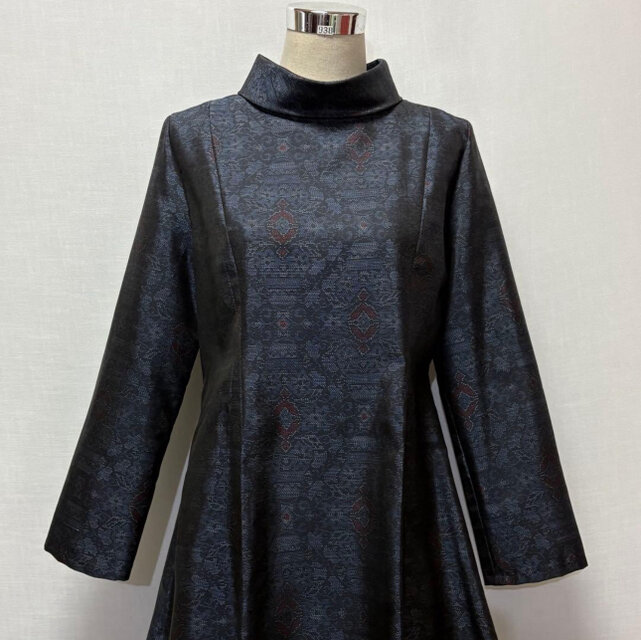 着物リメイク 大島紬花柄ワンピース Aライン 2WAY ゆったり Lサイズ 細