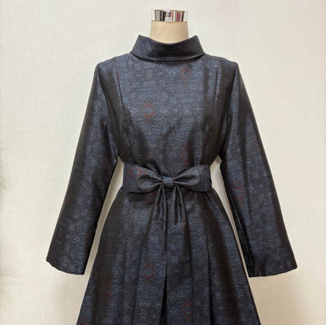 着物リメイク 大島紬花柄ワンピース Aライン 2WAY ゆったり Lサイズ 細