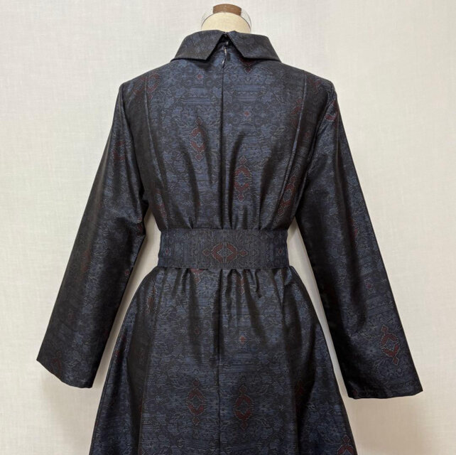 着物リメイク 大島紬花柄ワンピース Aライン 2WAY ゆったり Lサイズ 細