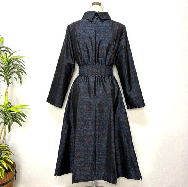 着物リメイク 大島紬花柄ワンピース Aライン 2WAY ゆったり Lサイズ 細