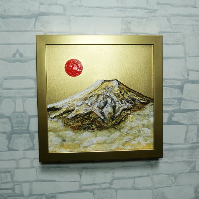 真作】油絵 ミニ色紙「黄金富士山」額縁付 金運・開運 縁起物 原画