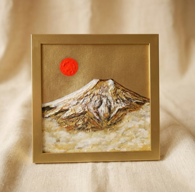 真作】油絵 ミニ色紙「黄金富士山」額縁付 金運・開運 縁起物 原画