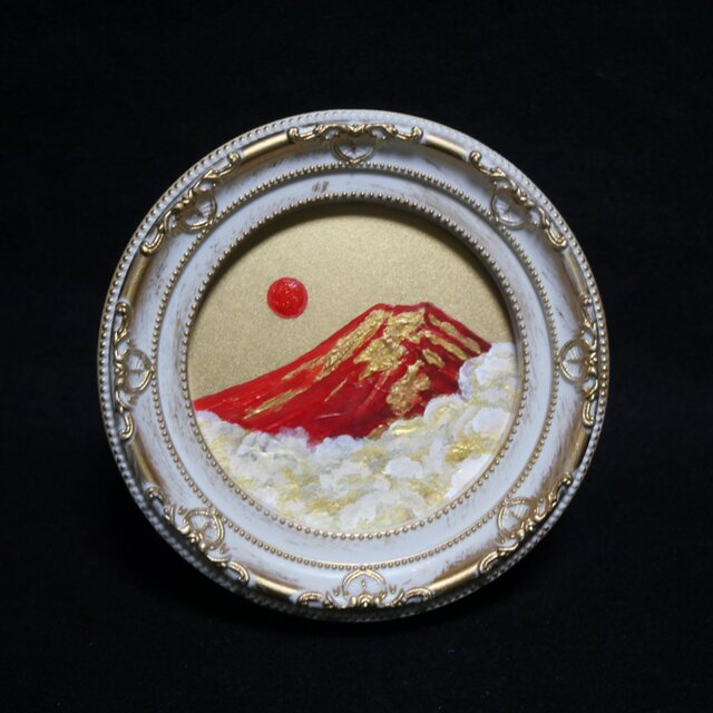 油絵 円形ミニ絵画 【赤富士】【金】 | iichi 日々の暮らしを心地よく