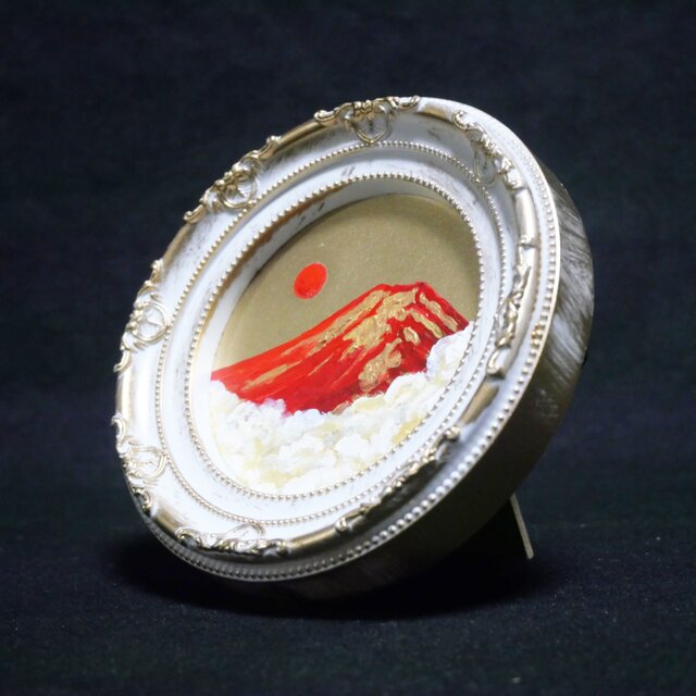 油絵 円形ミニ絵画 【赤富士】【金】 | iichi 日々の暮らしを心地よく