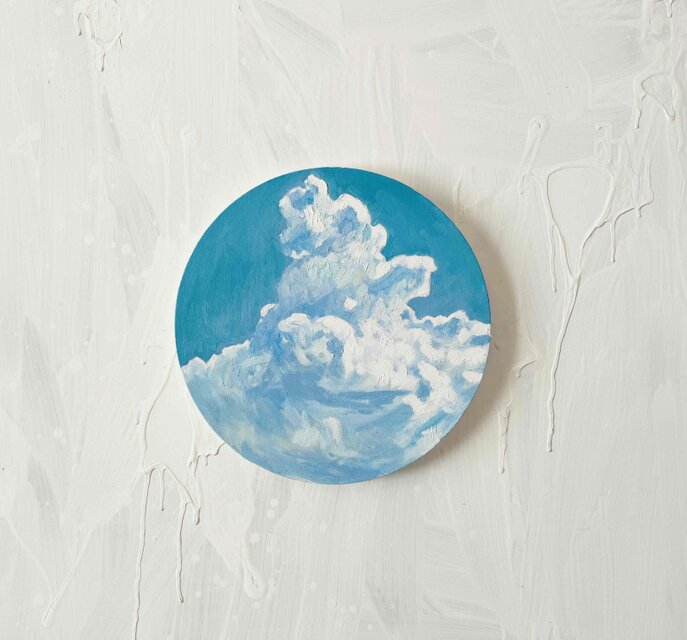 直径30㎝「画家の家の上空１」油彩・絵画・原画・丸形・アートパネル 直径30㎝「画家の家の上空1」油彩・絵画・原画・丸形・アートパネル