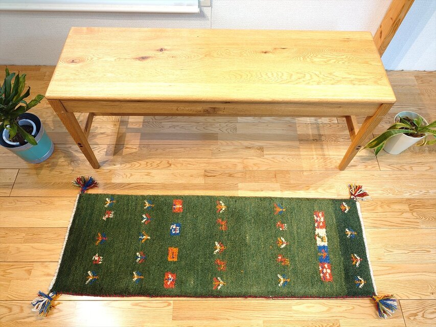 ペルシャ ギャッベ ミニランナー ラグ 115x40cm 緑色 生命の木 ヤギ 羊
