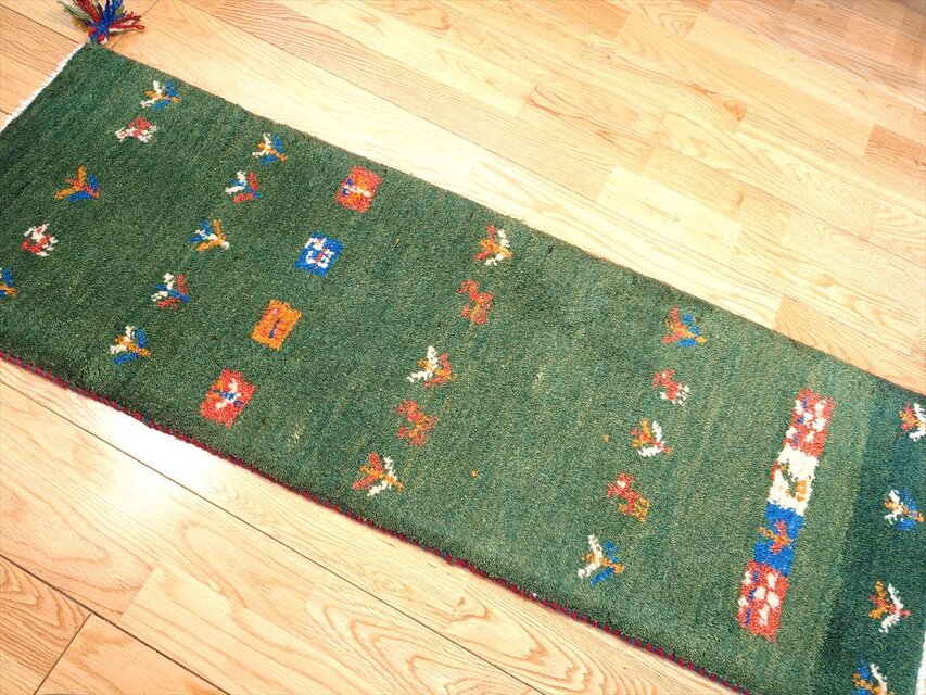 ペルシャ ギャッベ ミニランナー ラグ 115x40cm 緑色 生命の木 ヤギ 羊