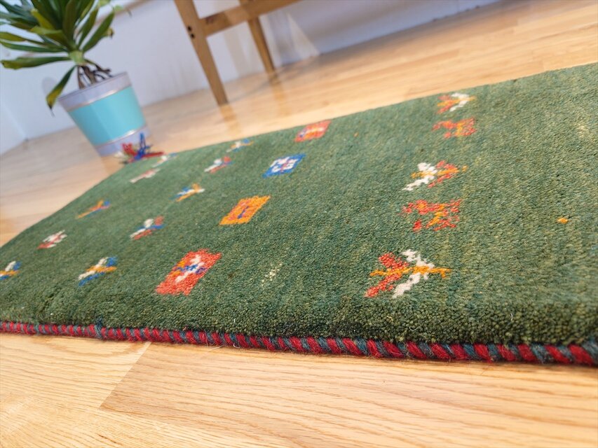 ペルシャ ギャッベ ミニランナー ラグ 115x40cm 緑色 生命の木 ヤギ 羊