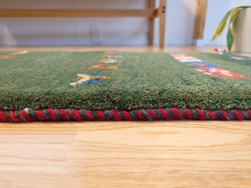 ペルシャ ギャッベ ミニランナー ラグ 115x40cm 緑色 生命の木 ヤギ 羊