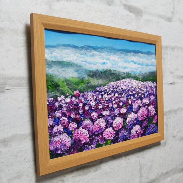 油絵 絵画【紫陽花】【色紙】 油絵 【天空のピンクと紫の紫陽花】 | iichi 日々の暮らしを心地よく