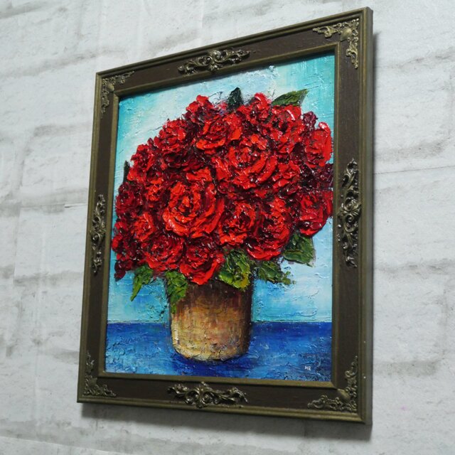 アンティーク 赤い薔薇 ローズ フラワー 油彩画 油絵 アート 絵画 美術 芸術 油絵【赤い薔薇】 | iichi 日々の暮らしを心地よくするハンドメイドや