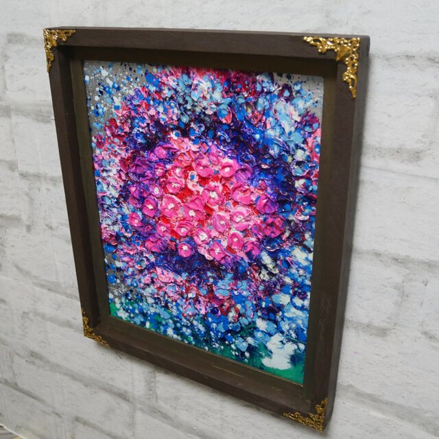 油絵 原画『梅雨の雨』紫陽花 額縁・金具・ラッピング付 油絵 【梅雨のピンクの雨】 | iichi 日々の暮らしを心地よくする