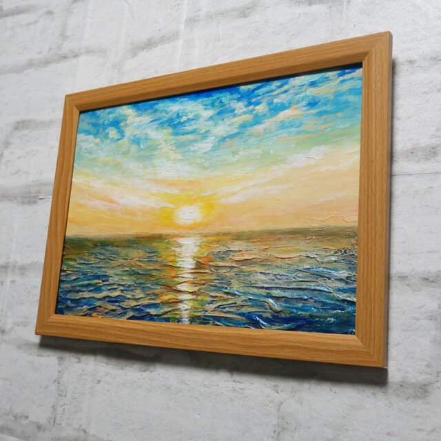 売却済み☆アクリル画 海 ビーチ 朝陽 朝焼け Beach Acrylic 朝焼け 海 夕焼け 朝日 太陽 原画 アクリル画 イラスト キャンバス