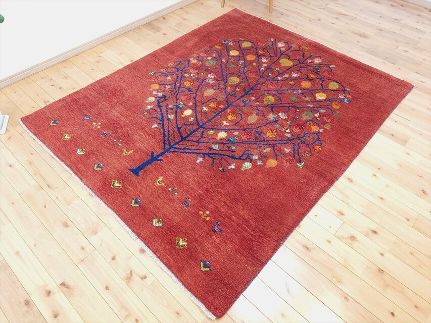 ペルシャ ギャッベ リビング ラグ 197x152cm ザクロの木 茜色 RJ11735