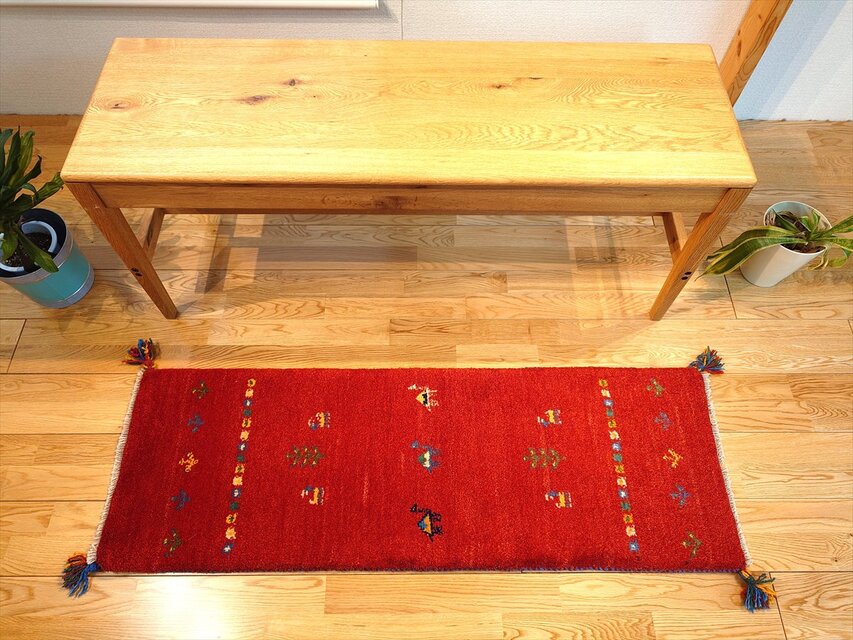 ペルシャ ギャッベ ミニランナー ラグ 118x40cm 茜色 ラクダ 花 ヤギ