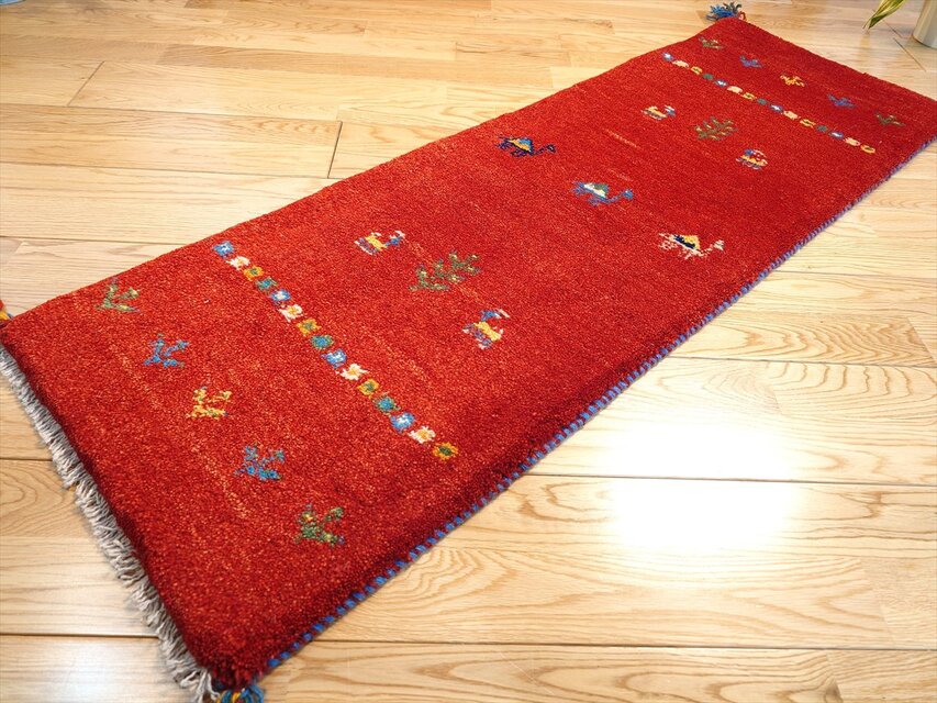 ペルシャ ギャッベ ミニランナー ラグ 118x40cm 茜色 ラクダ 花 ヤギ
