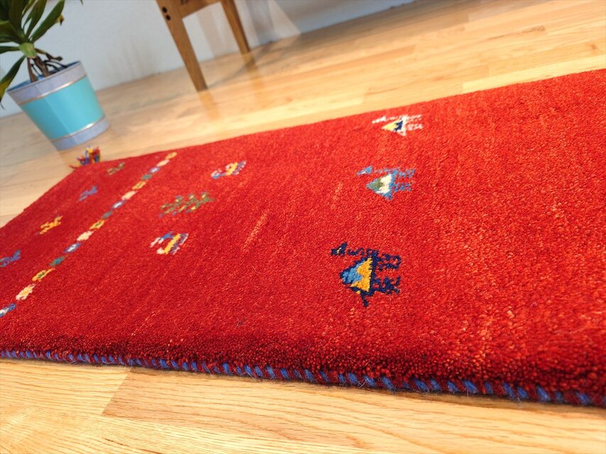 ペルシャ ギャッベ ミニランナー ラグ 118x40cm 茜色 ラクダ 花 ヤギ