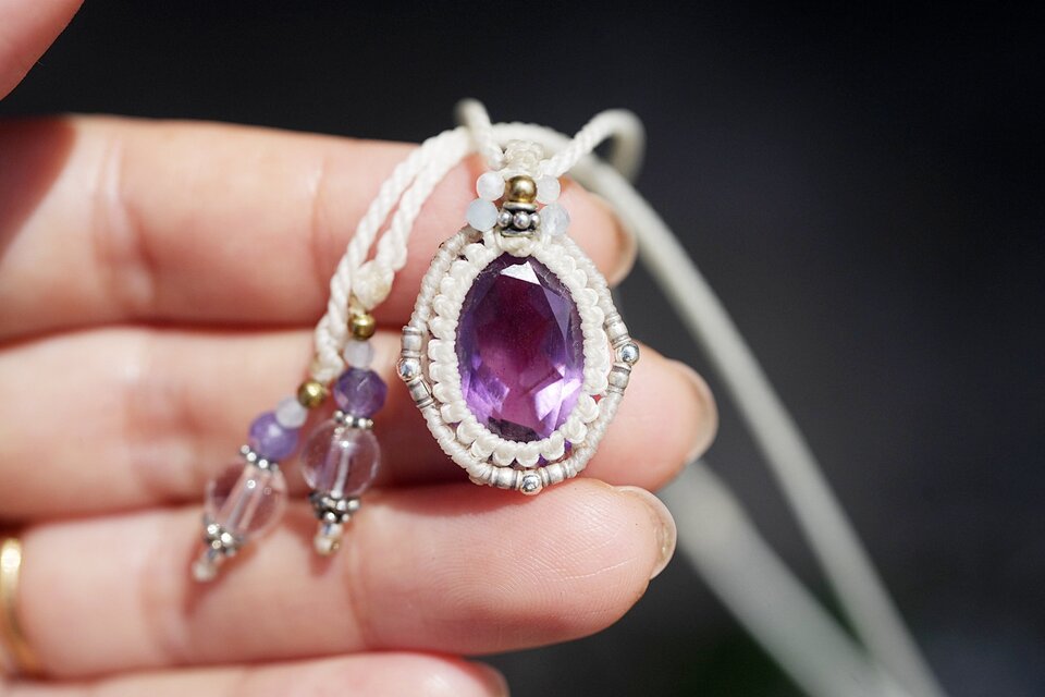 宝石☆紫水晶☆ファセットカット アメジスト マクラメネックレス 1875