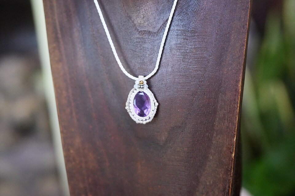 宝石☆紫水晶☆ファセットカット アメジスト マクラメネックレス 1875