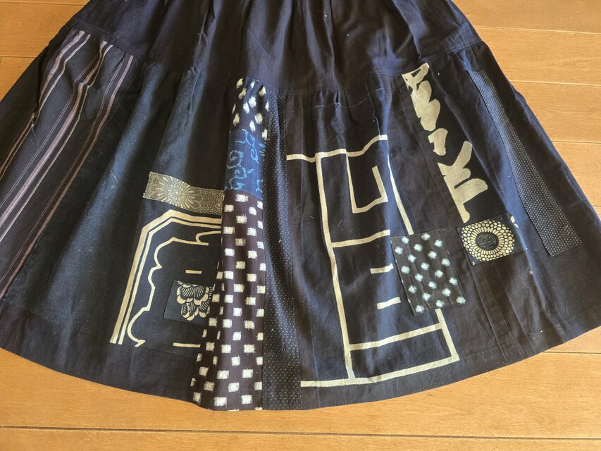 藍染め印袢纏パッチワーク サロペットスカート 刺し子 古布リメイク