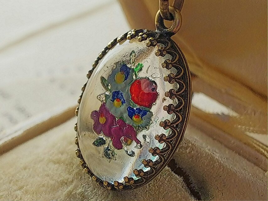 1920年代アンティーク FlowerインタリオGlass クラシカルネックレス