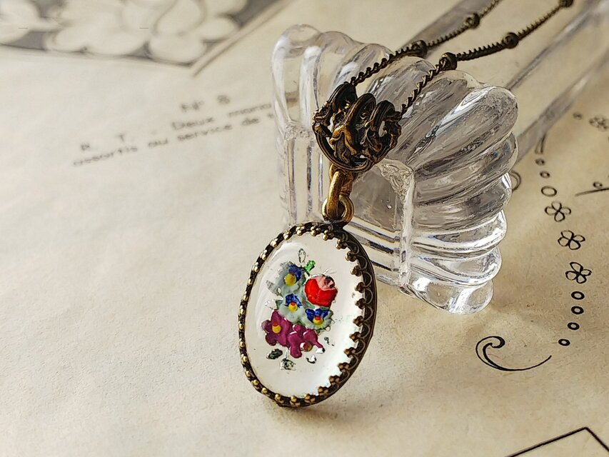 1920年代アンティーク FlowerインタリオGlass クラシカルネックレス