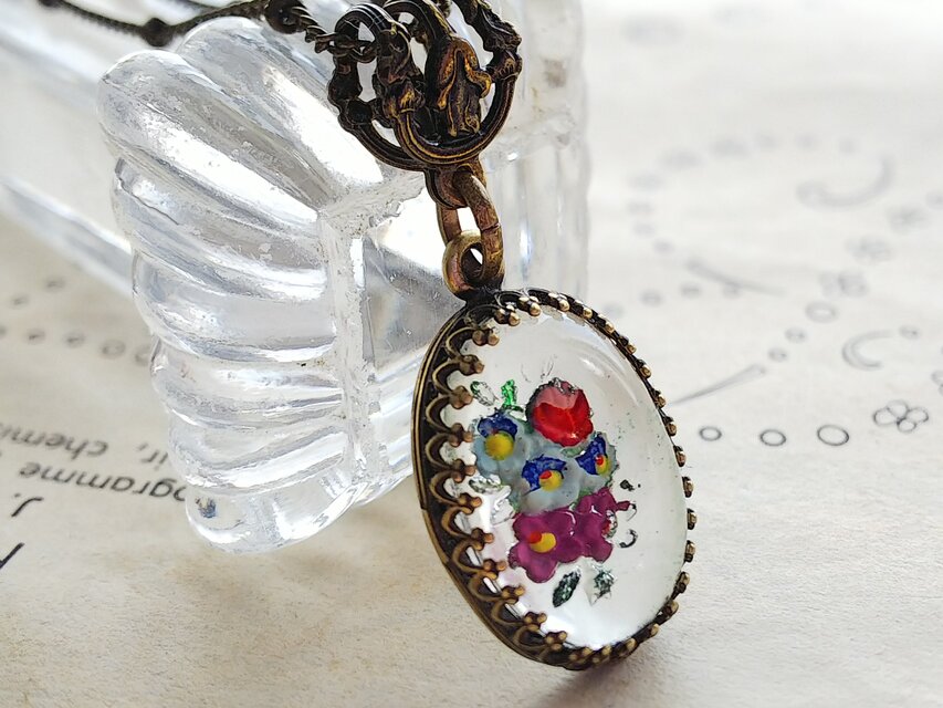1920年代アンティーク FlowerインタリオGlass クラシカルネックレス