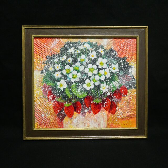 油絵 油彩 油彩画 絵 絵画 ミニ絵画【莓サンド】油絵【苺の花】 | iichi