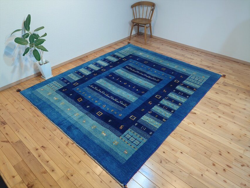 ペルシャ ギャッベ リビング ダイニング ラグ 242x198cm コバルト