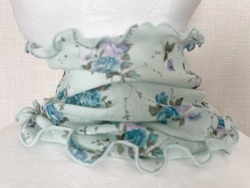 ブルーグリーン花柄レースシングルハンドメイドネックウォーマー