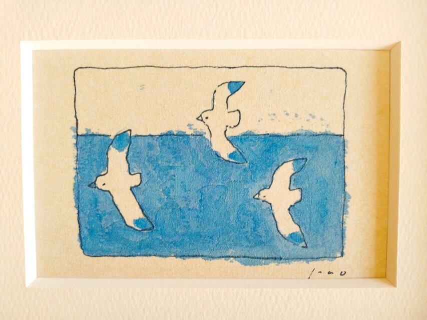 原画「海とカモメ」※木製額縁入り（2Lサイズ）・水彩・イラスト