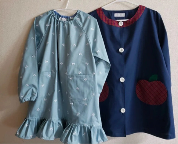 80～160】りんごポケット レッド チェック ネイビー 前ボタン 長袖